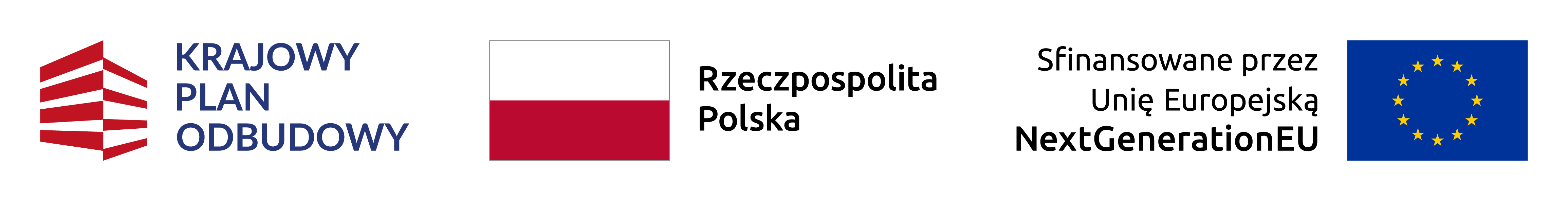 loga od lewej krajowy plan odbudowy, środek flaga Rzeczypospolitej Polskiej, prawo logo Unia Europejska NextGenerationEU