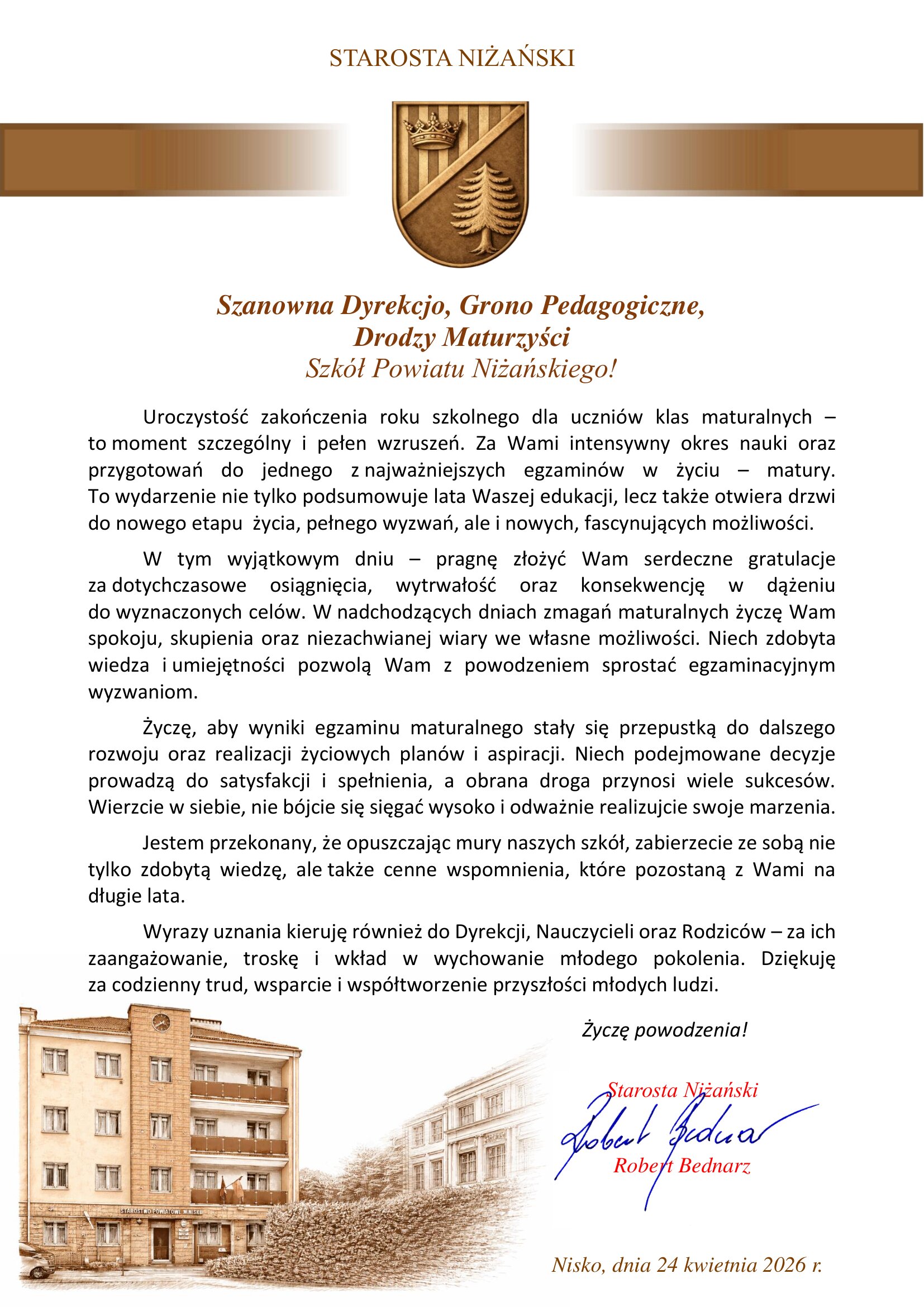 Życzenia Starosty Niżańskiego z okazji zakończenia roku szkolnego klas maturalnych 2026